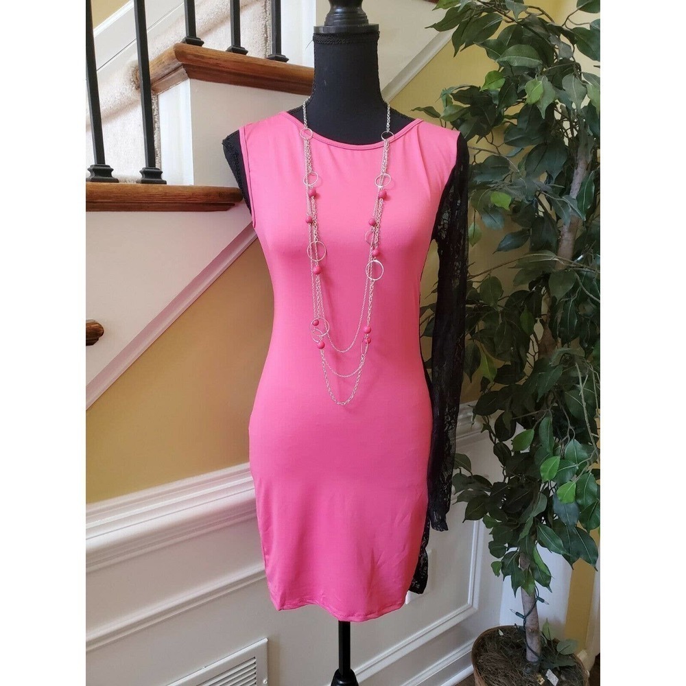 Plain Bodycon Dress Lace Sleeve Mini- Large